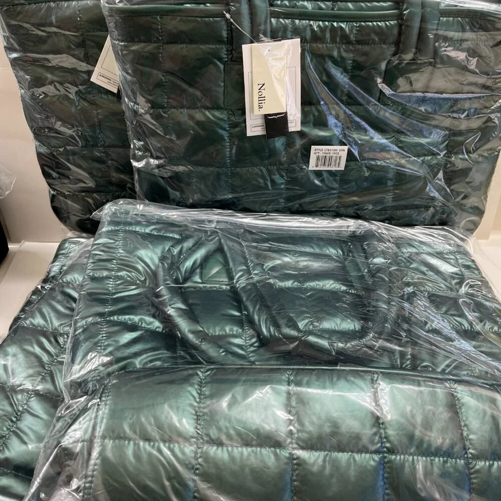 Quilted Puffer Tote - Shiny Deep Green - Double Handle- XL- Lightweight -NWT